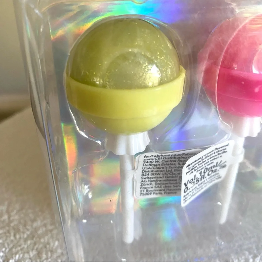 5/$25 Claire's Lip Gloss Set 3 Strawberry Vanilla Lollipops Yellow Pink Blue